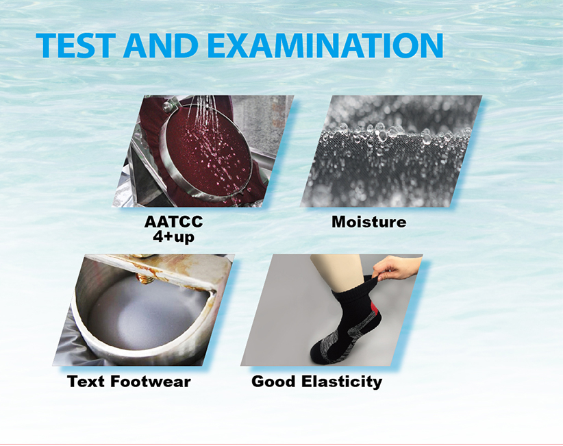 Test and examination overview showing spray testing, water droplets, footwear testing equipment and sock elasticity